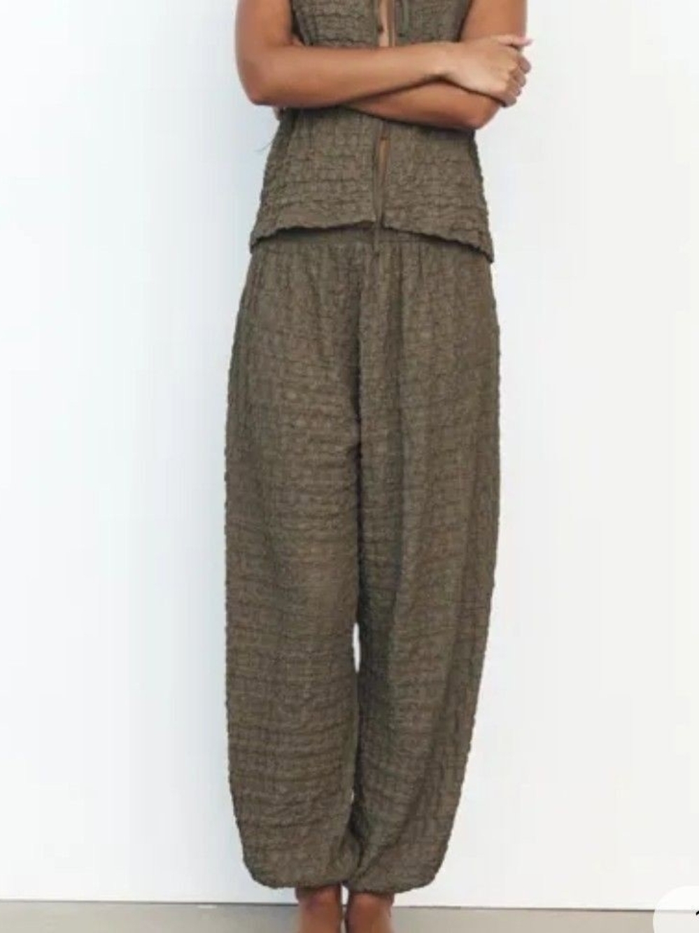Zara Olive Textured Wide-Leg Pants